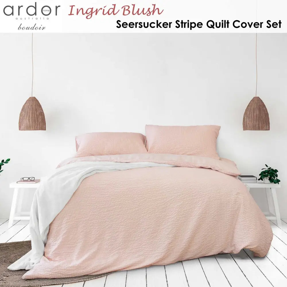 Ardor Ingrid Blush Seersucker Stripe Quilt Cover Set Double - Home & Garden > Bedding