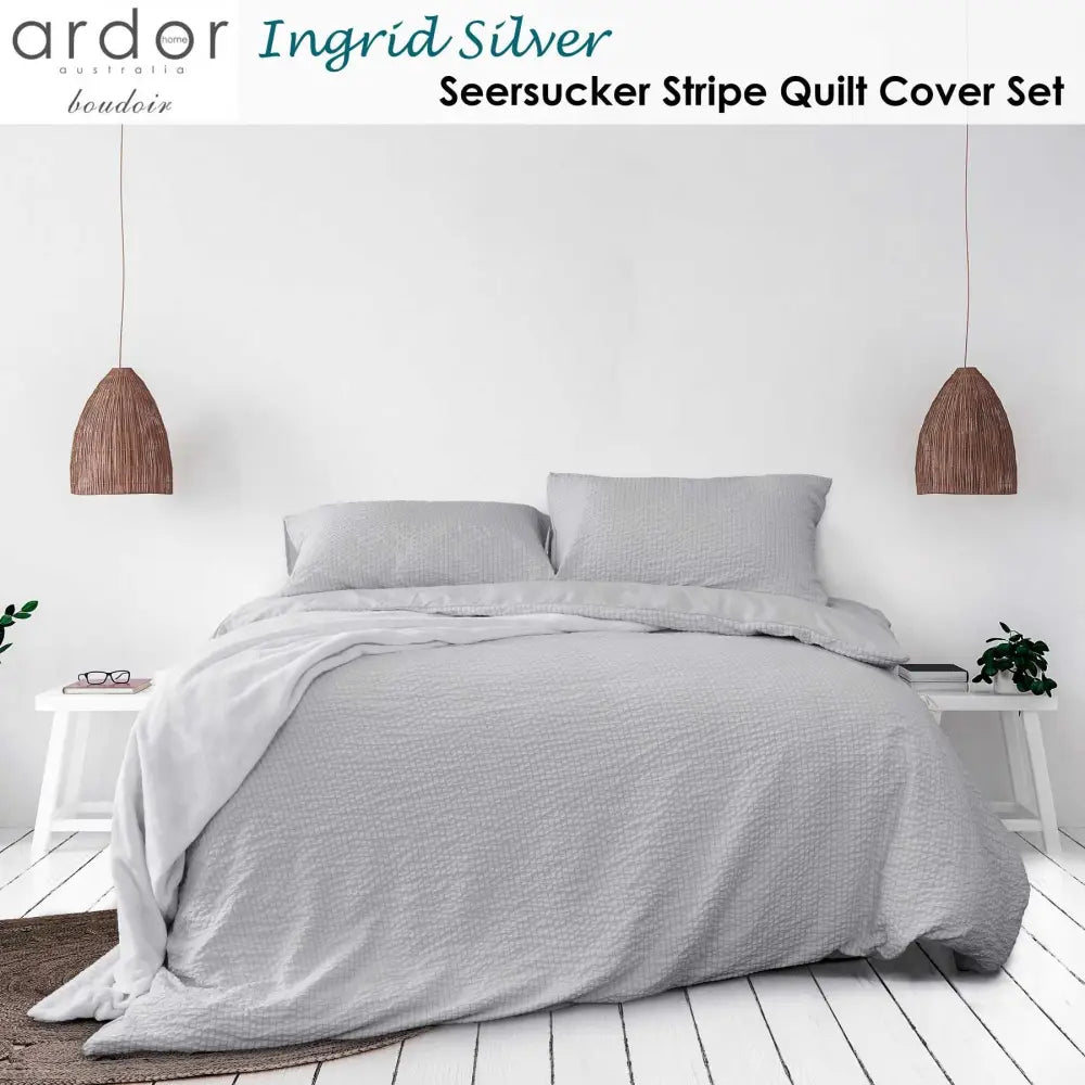 Ardor Ingrid Silver Seersucker Stripe Quilt Cover Set Double - Home & Garden > Bedding