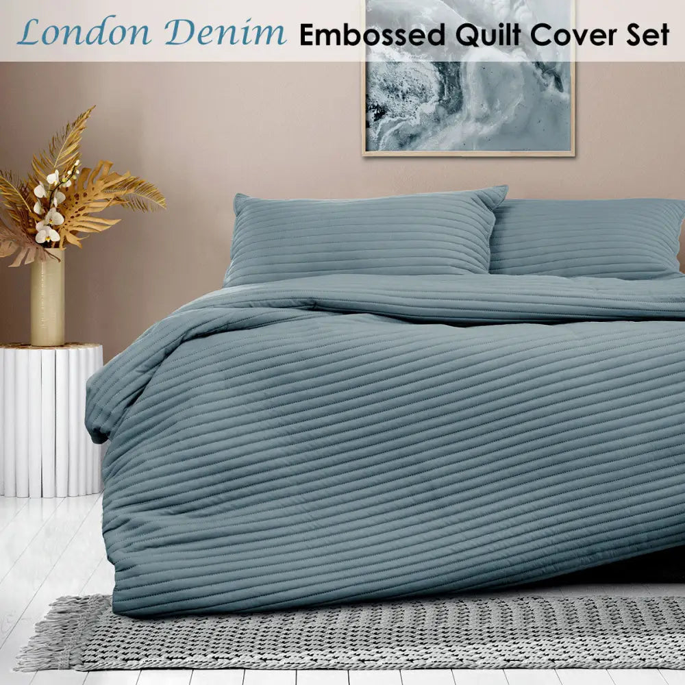 Ardor London Denim Embossed Quilt Cover Set Queen - Home & Garden > Curtains > Curtains & Drapes