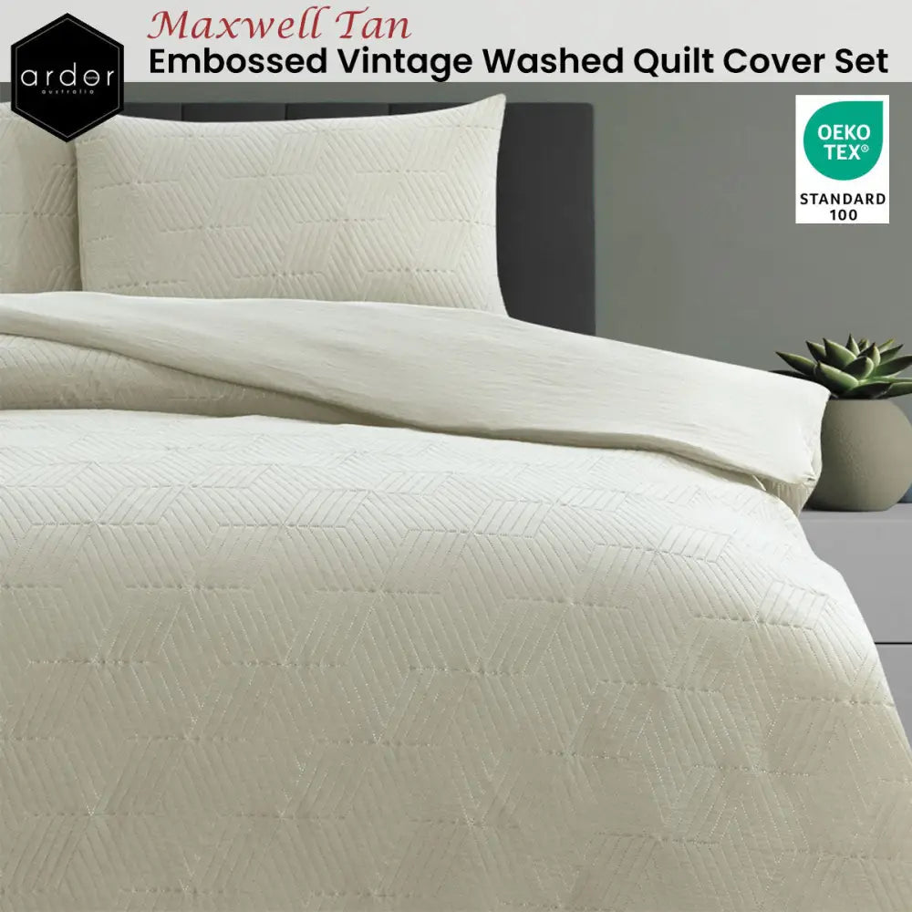 Ardor Maxwell Tan Embossed Vintage Washed Quilt Cover Set King - Home & Garden > Bedding