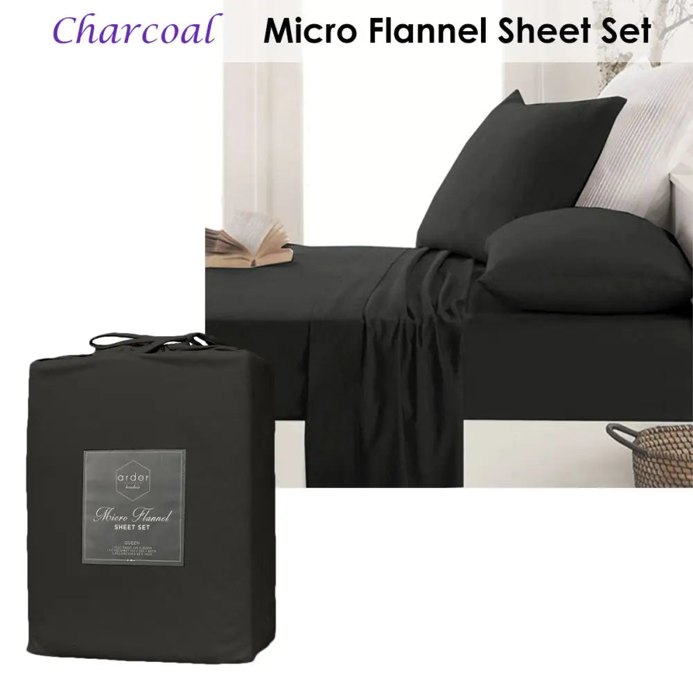 Ardor Micro Flannel Sheet Set Charcoal Mega Queen - Home & Garden > Bedding