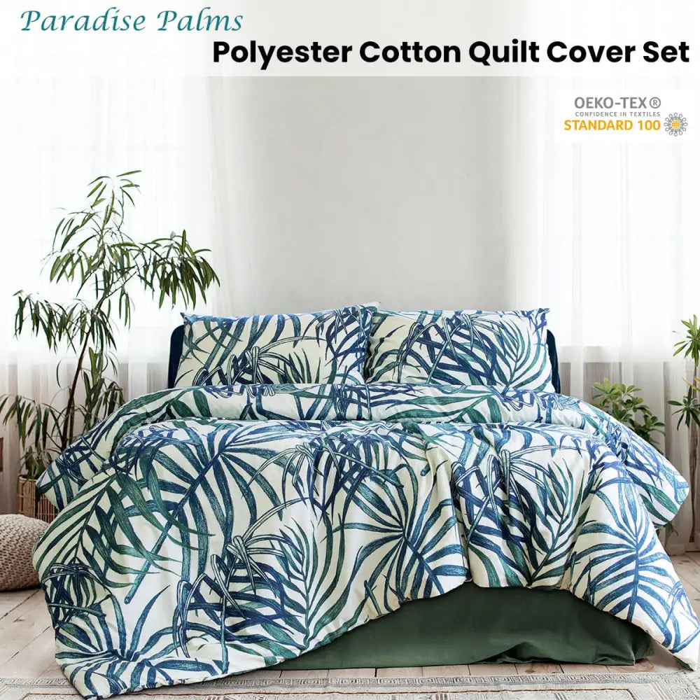 Ardor Palms Blue Polyester Cotton Quilt Cover Set Queen - Home & Garden > Bedding