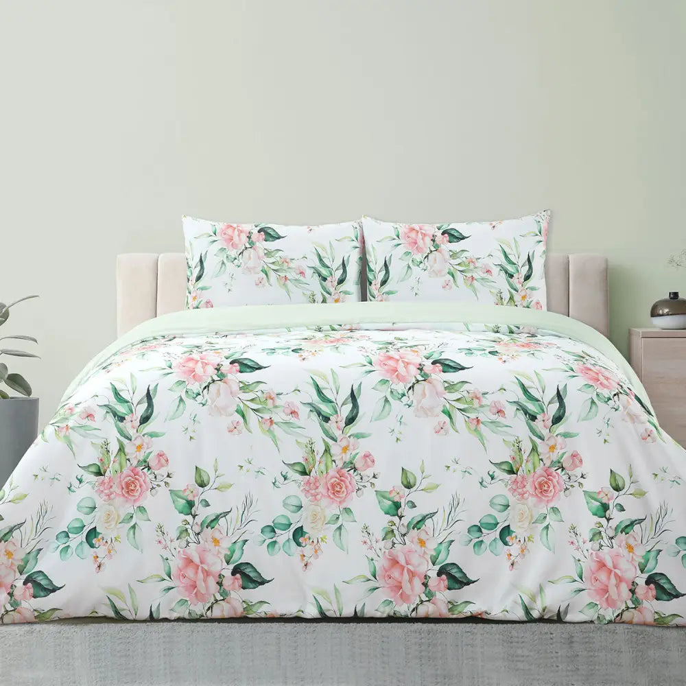 Ardor Rose Whisper Soft Sage Printed Floral Quilt Cover Set Queen - Home & Garden > Bedding