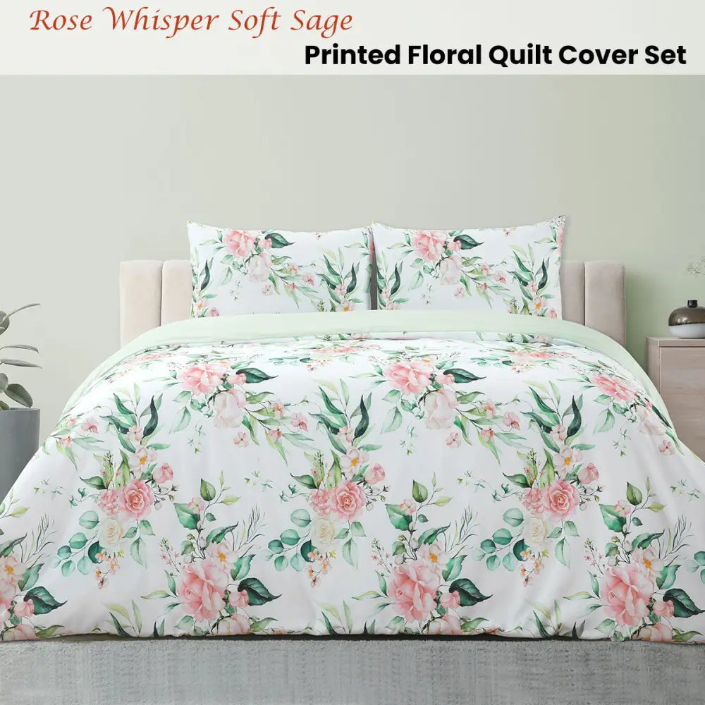 Ardor Rose Whisper Soft Sage Printed Floral Quilt Cover Set Queen - Home & Garden > Bedding