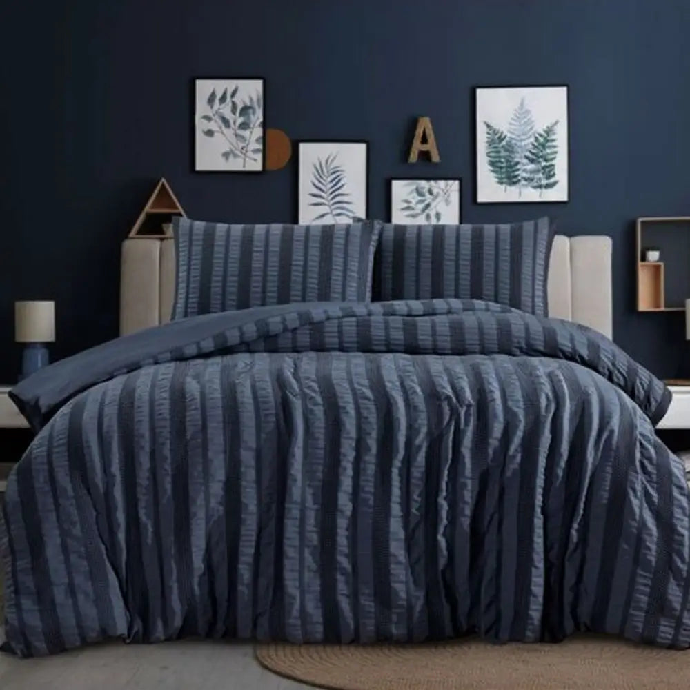 Ardor Seersucker Quilt Cover Set Lisbon Indigo Queen - Home & Garden > Bedding