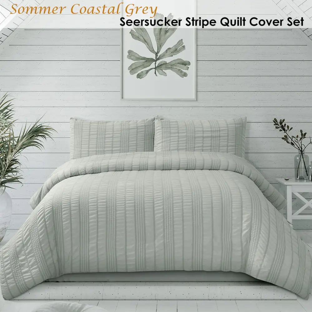 Ardor Sommer Coastal Grey Seersucker Stripe Quilt Cover Set Queen - Home & Garden > Bedding