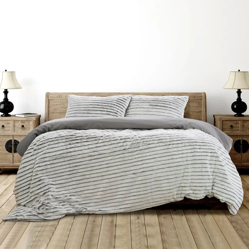 Ardor Striped Faux Fur Grey Super Soft Quilt Cover Set King - Home & Garden > Bedding