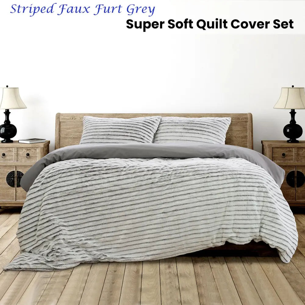 Ardor Striped Faux Fur Grey Super Soft Quilt Cover Set King - Home & Garden > Bedding
