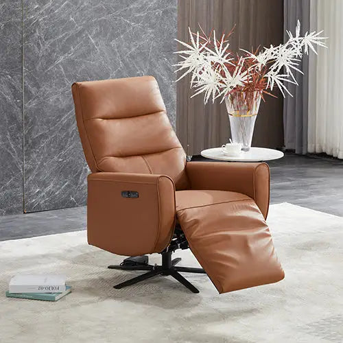 Arm Chair Power Recliner 360 Degree Swiveling Cow Leather USB Charger Metal Legs - Furniture > Bar Stools & Chairs >