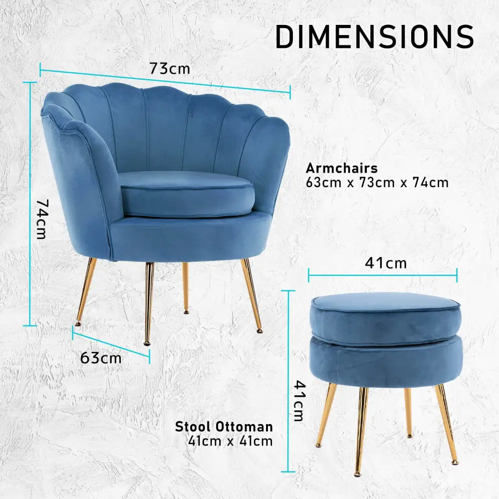 Armchair Lounge Chair Accent Velvet Shell Scallop + Ottoman Footstool Round NAVY BLUE - Furniture > Bedroom > Bedside