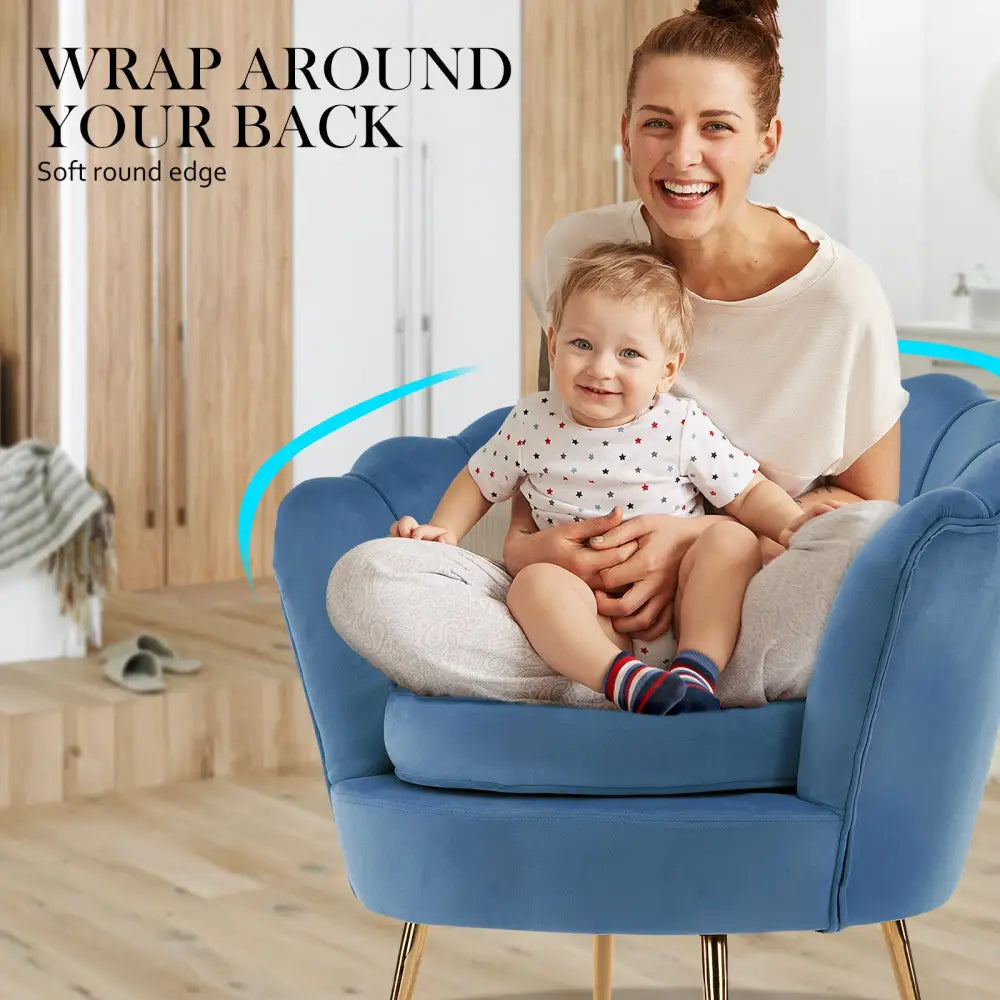 Armchair Lounge Chair Accent Velvet Shell Scallop + Ottoman Footstool Round NAVY BLUE - Furniture > Bedroom > Bedside
