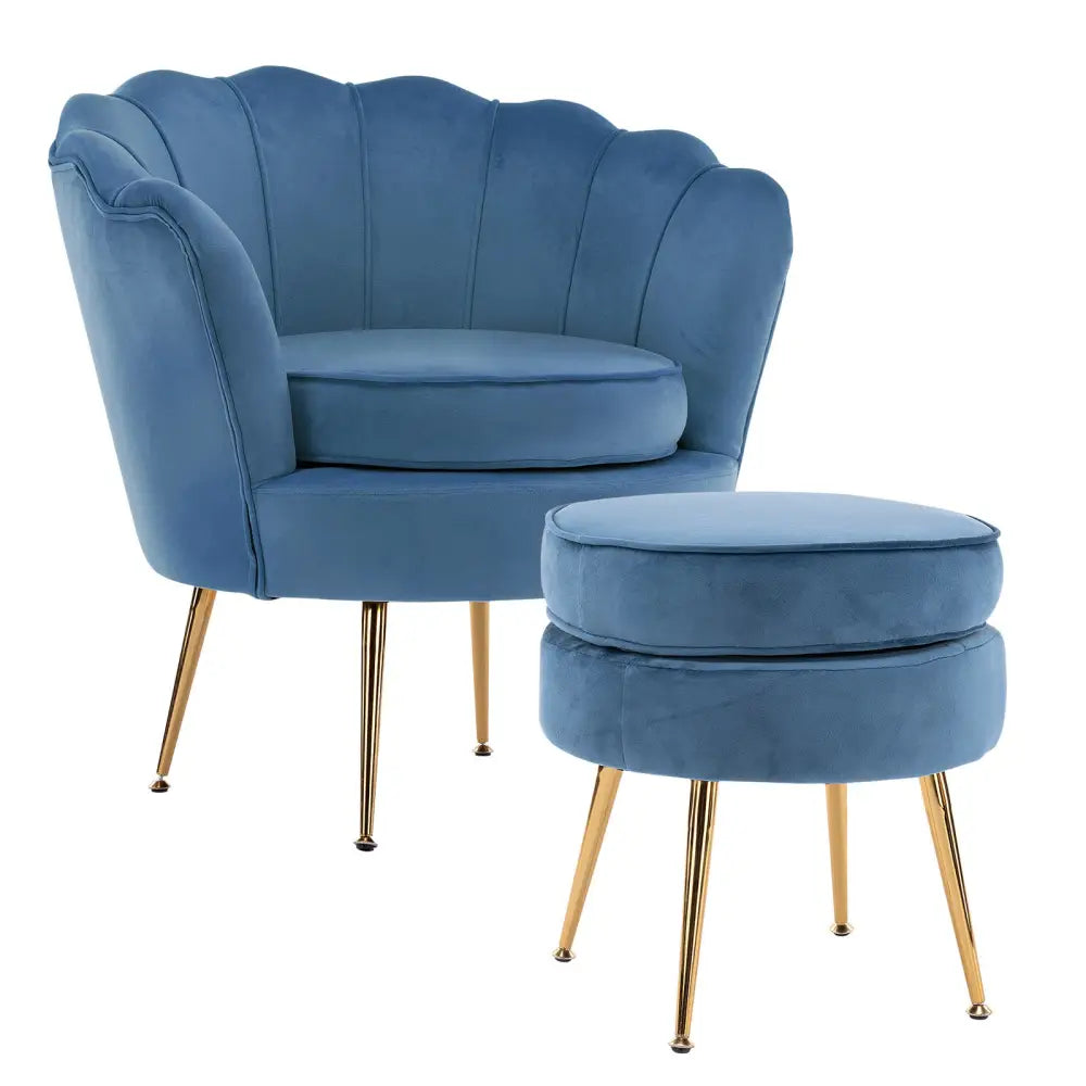 Armchair Lounge Chair Accent Velvet Shell Scallop + Ottoman Footstool Round NAVY BLUE - Furniture > Bedroom > Bedside