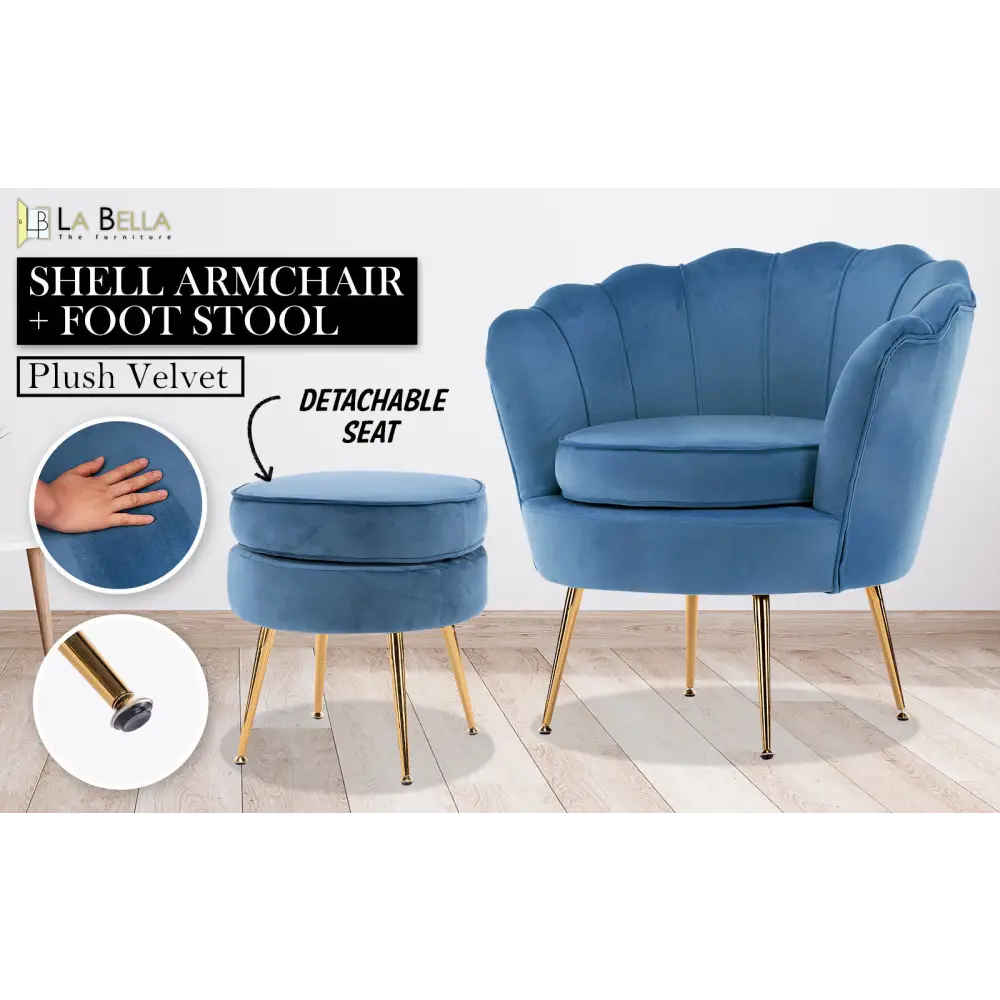 Armchair Lounge Chair Accent Velvet Shell Scallop + Ottoman Footstool Round NAVY BLUE - Furniture > Bedroom > Bedside