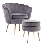 Armchair Lounge Chair Accent Velvet Shell Scallop + Ottoman Footstool Round GREY - Furniture > Bedroom > Bedside Tables