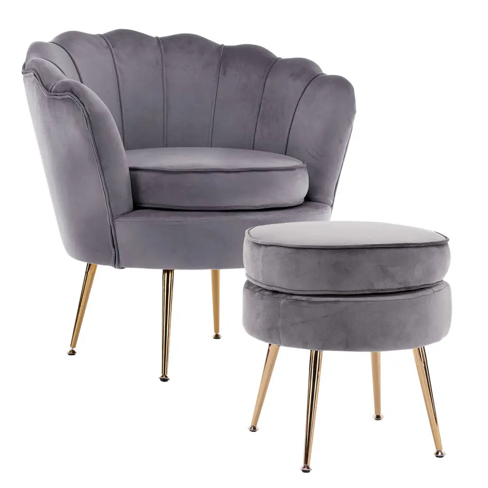 Armchair Lounge Chair Accent Velvet Shell Scallop + Ottoman Footstool Round GREY - Furniture > Bedroom > Bedside Tables