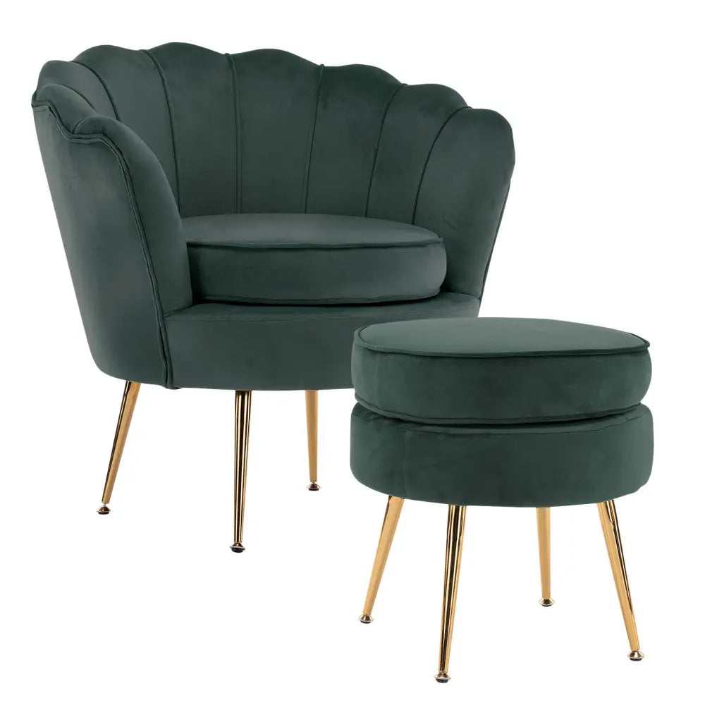 Armchair Lounge Chair Accent Velvet Shell Scallop + Ottoman Footstool Round GREEN - Furniture > Bar Stools & Chairs