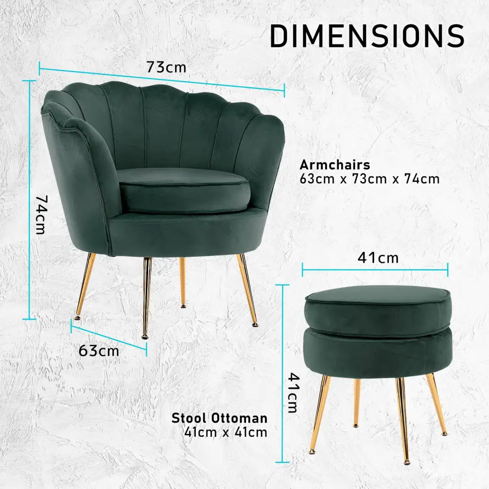 Armchair Lounge Chair Accent Velvet Shell Scallop + Ottoman Footstool Round GREEN - Furniture > Bar Stools & Chairs