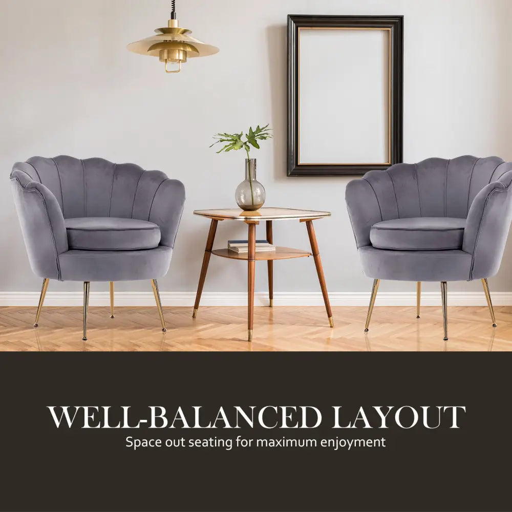 Armchair Lounge Chair Accent Velvet Shell Scallop + Ottoman Footstool Round GREY - Furniture > Bedroom > Bedside Tables