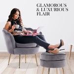Armchair Lounge Chair Accent Velvet Shell Scallop + Ottoman Footstool Round GREY - Furniture > Bedroom > Bedside Tables