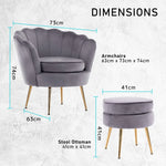 Armchair Lounge Chair Accent Velvet Shell Scallop + Ottoman Footstool Round GREY - Furniture > Bedroom > Bedside Tables