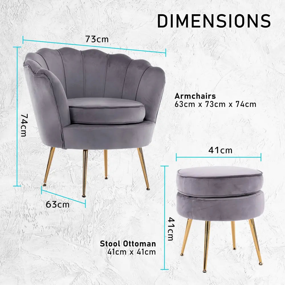 Armchair Lounge Chair Accent Velvet Shell Scallop + Ottoman Footstool Round GREY - Furniture > Bedroom > Bedside Tables
