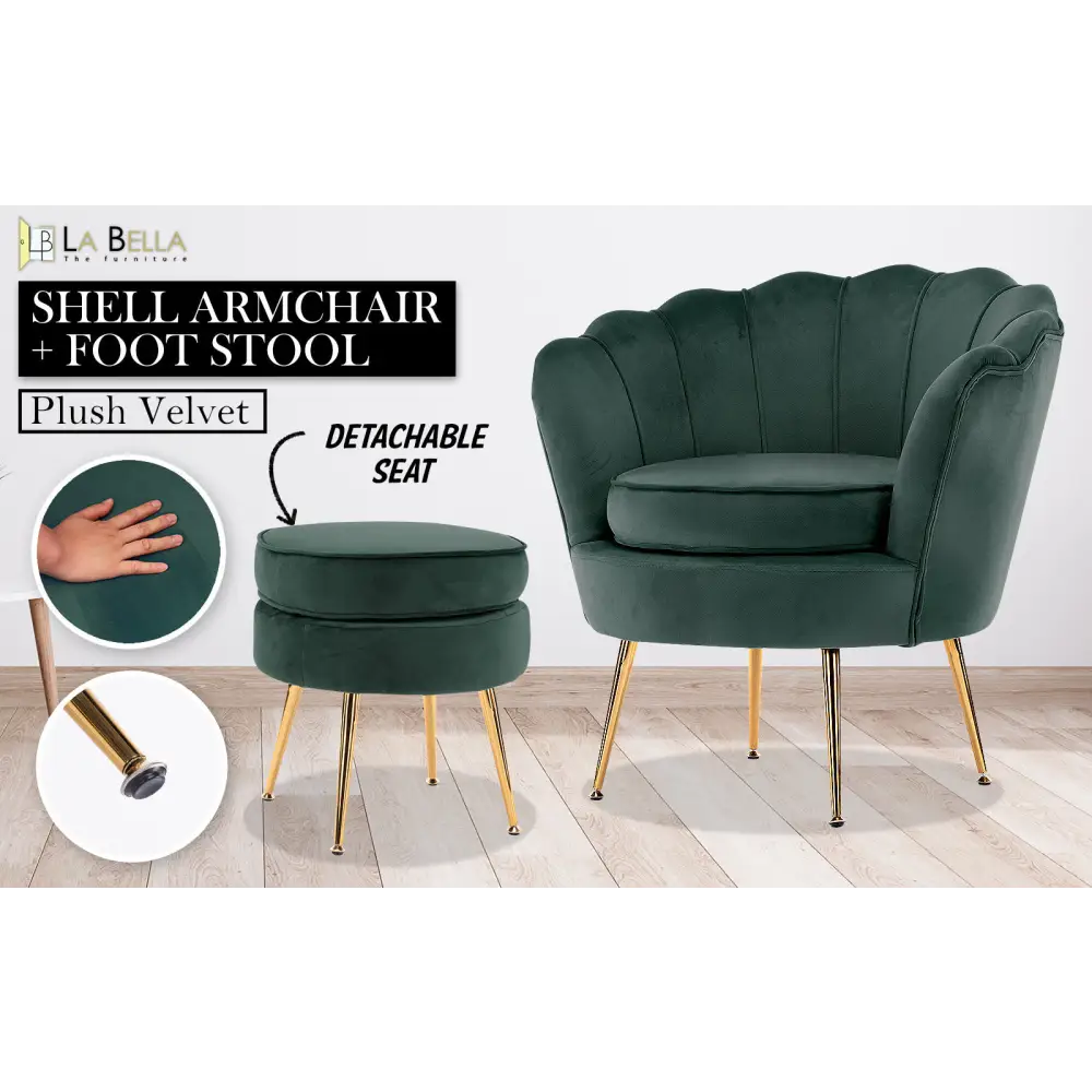 Armchair Lounge Chair Accent Velvet Shell Scallop + Ottoman Footstool Round GREEN - Furniture > Bar Stools & Chairs