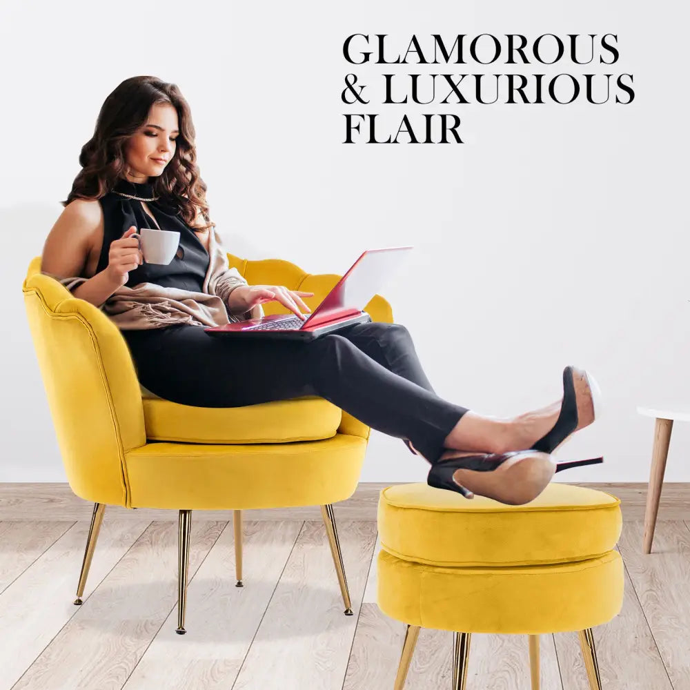 Armchair Lounge Chair Accent Velvet Shell Scallop + Round Ottoman Footstool YELLOW - Furniture > Bedroom > Bedside