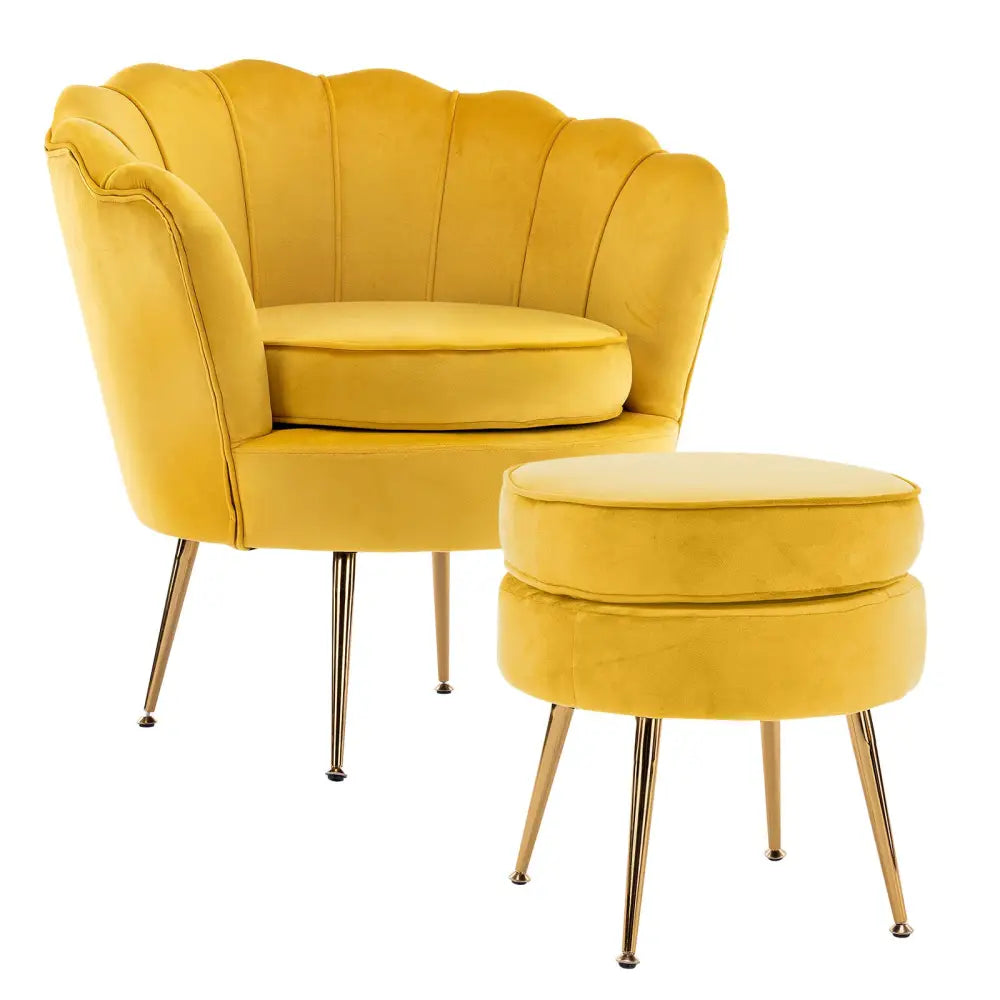 Armchair Lounge Chair Accent Velvet Shell Scallop + Round Ottoman Footstool YELLOW - Furniture > Bedroom > Bedside