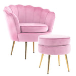 Armchair Lounge Chair Accent Velvet Shell Scallop + Round Ottoman Footstool PINK - Furniture > Bar Stools & Chairs