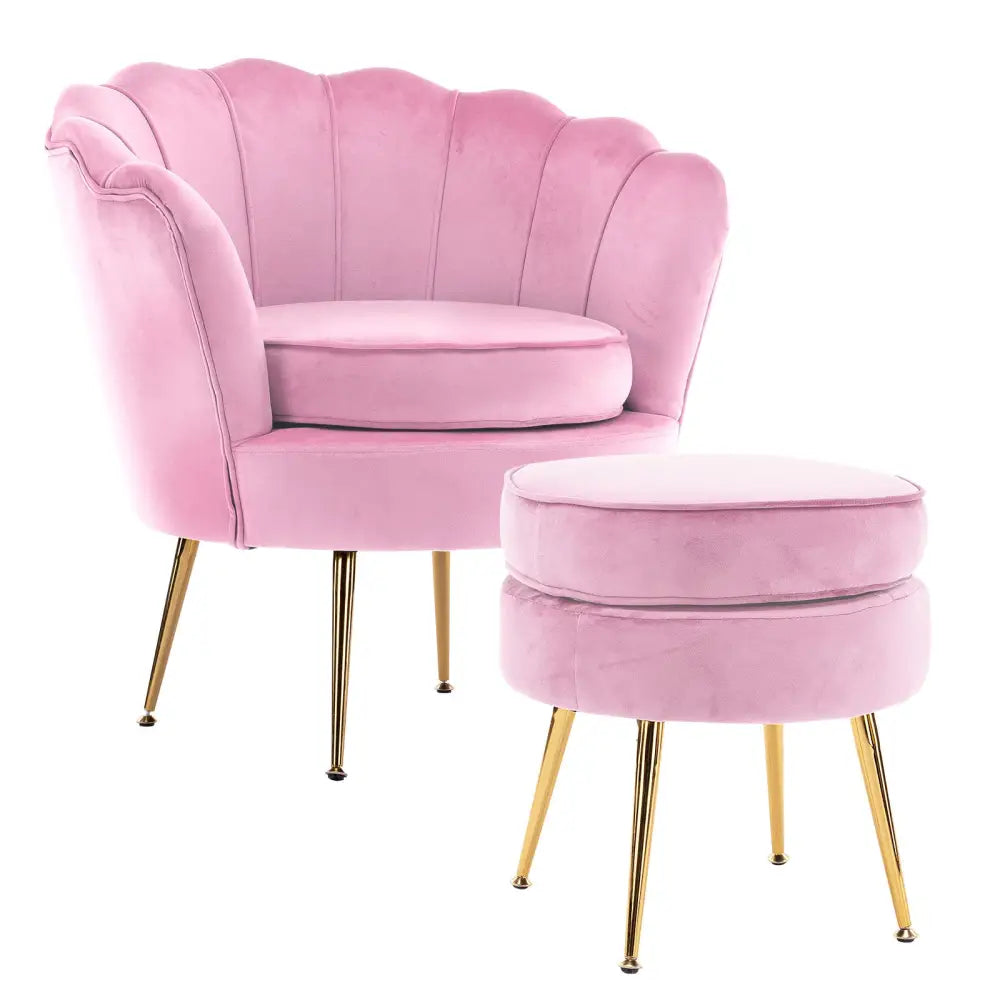 Armchair Lounge Chair Accent Velvet Shell Scallop + Round Ottoman Footstool PINK - Furniture > Bar Stools & Chairs