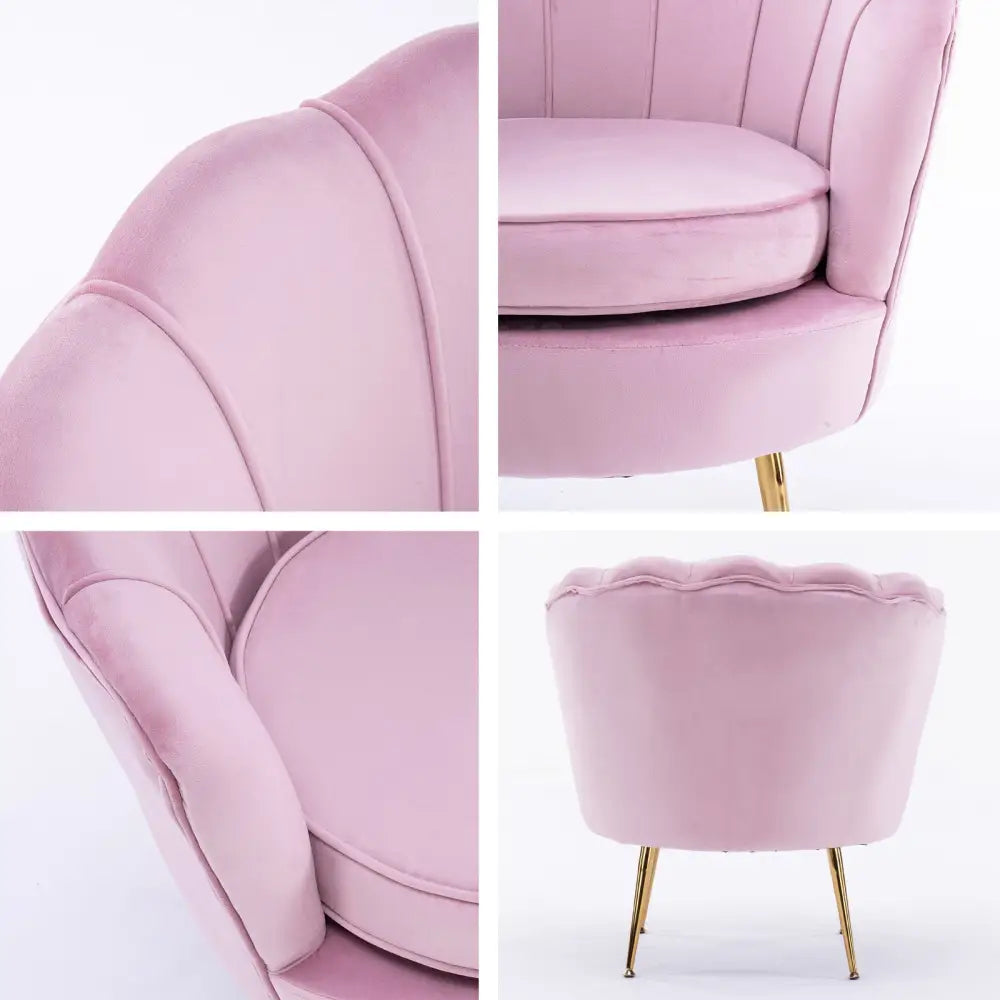 Armchair Lounge Chair Accent Velvet Shell Scallop + Round Ottoman Footstool PINK - Furniture > Bar Stools & Chairs