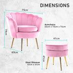 Armchair Lounge Chair Accent Velvet Shell Scallop + Round Ottoman Footstool PINK - Furniture > Bar Stools & Chairs