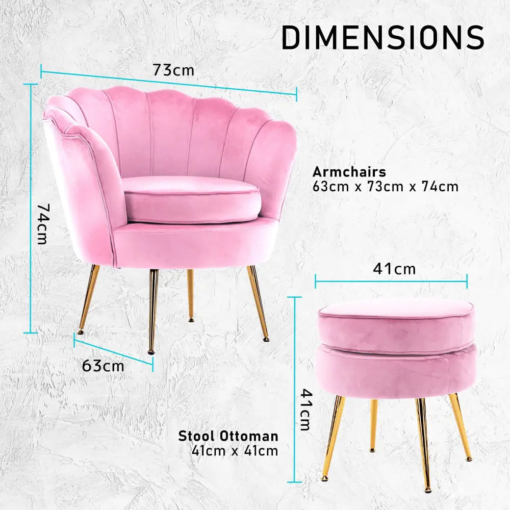 Armchair Lounge Chair Accent Velvet Shell Scallop + Round Ottoman Footstool PINK - Furniture > Bar Stools & Chairs