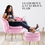 Armchair Lounge Chair Accent Velvet Shell Scallop + Round Ottoman Footstool PINK - Furniture > Bar Stools & Chairs