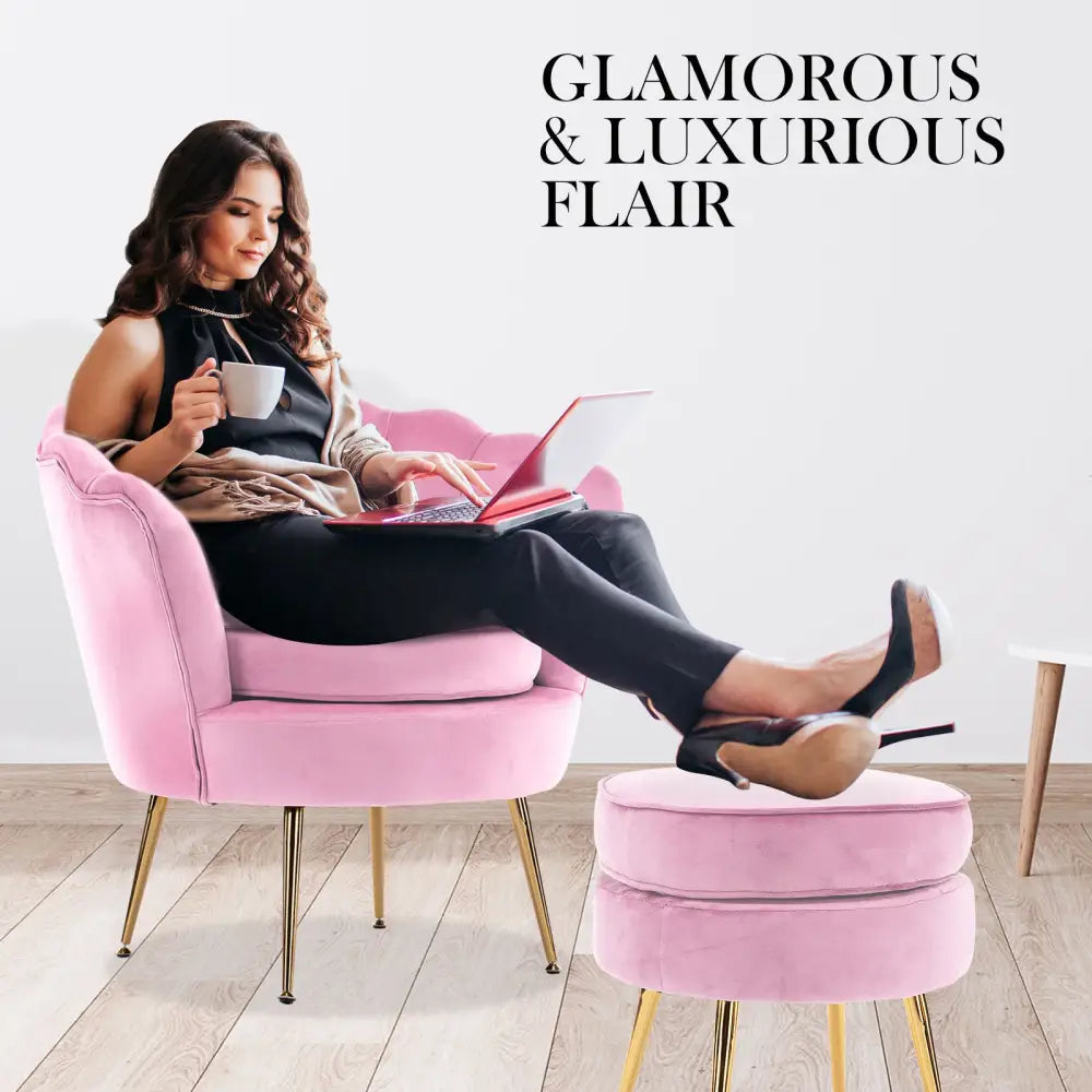 Armchair Lounge Chair Accent Velvet Shell Scallop + Round Ottoman Footstool PINK - Furniture > Bar Stools & Chairs
