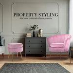 Armchair Lounge Chair Accent Velvet Shell Scallop + Round Ottoman Footstool PINK - Furniture > Bar Stools & Chairs