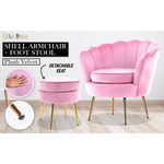 Armchair Lounge Chair Accent Velvet Shell Scallop + Round Ottoman Footstool PINK - Furniture > Bar Stools & Chairs