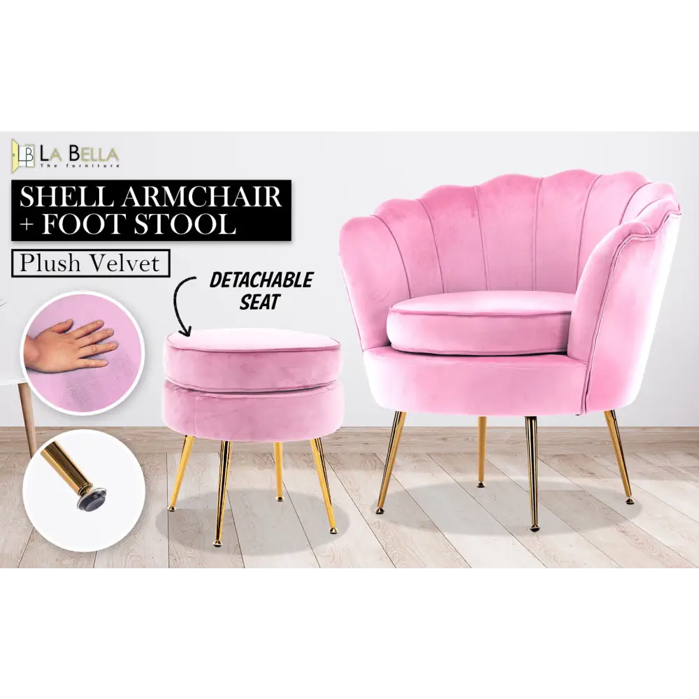 Armchair Lounge Chair Accent Velvet Shell Scallop + Round Ottoman Footstool PINK - Furniture > Bar Stools & Chairs