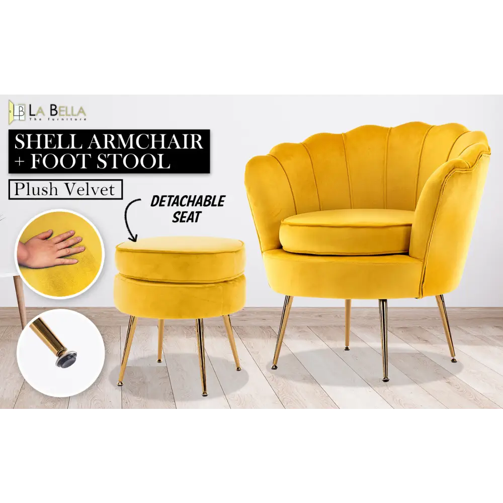 Armchair Lounge Chair Accent Velvet Shell Scallop + Round Ottoman Footstool YELLOW - Furniture > Bedroom > Bedside