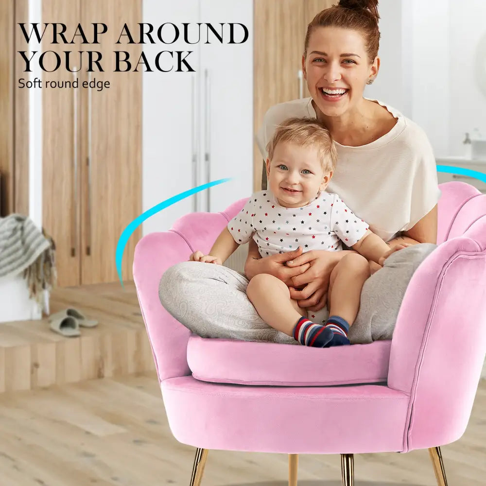 Armchair Lounge Chair Accent Velvet Shell Scallop + Round Ottoman Footstool PINK - Furniture > Bar Stools & Chairs
