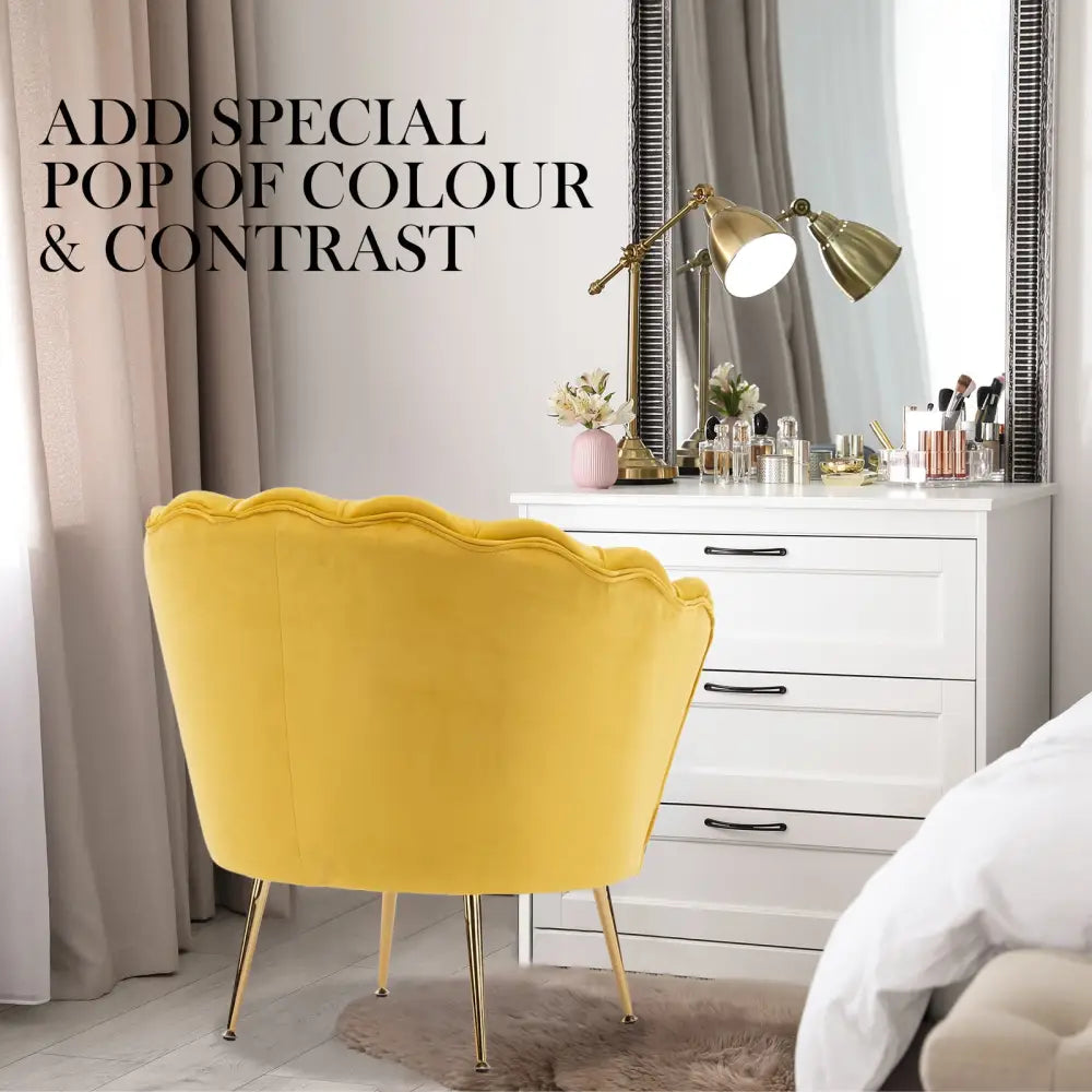 Armchair Lounge Chair Accent Velvet Shell Scallop + Round Ottoman Footstool YELLOW - Furniture > Bedroom > Bedside