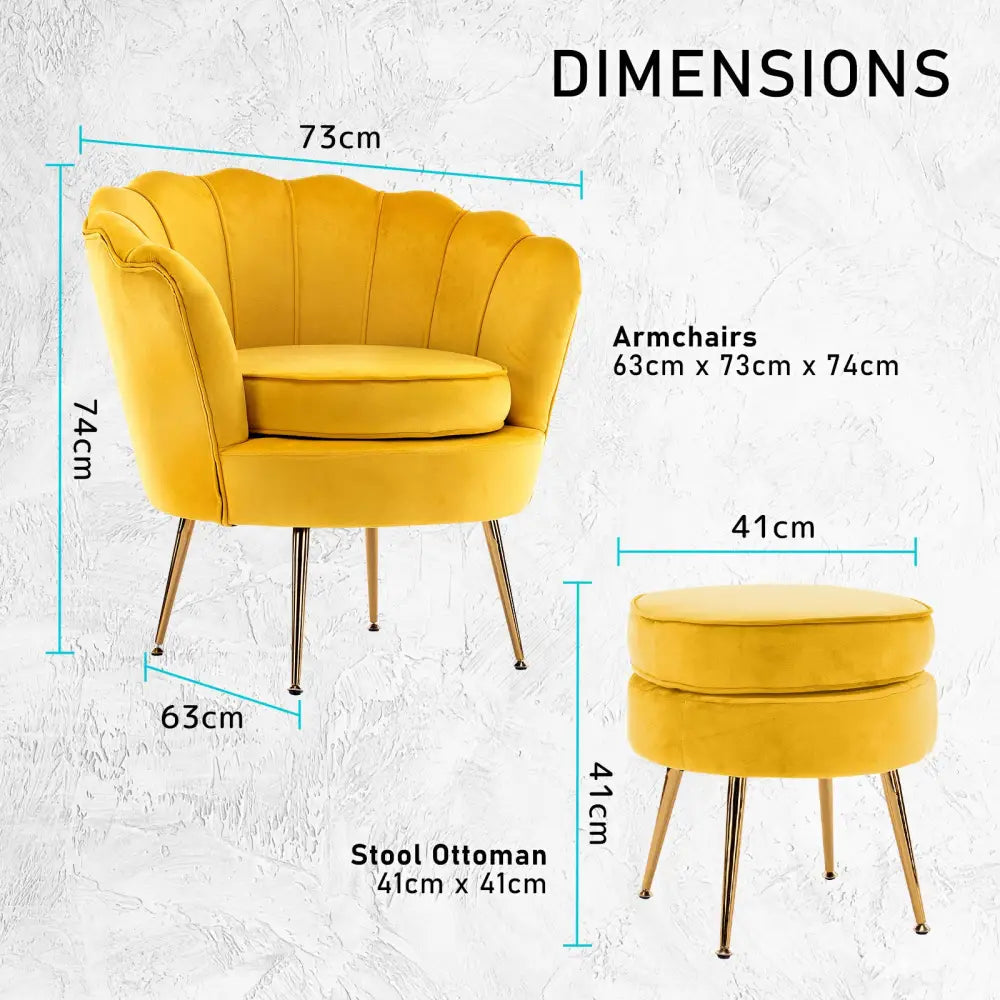 Armchair Lounge Chair Accent Velvet Shell Scallop + Round Ottoman Footstool YELLOW - Furniture > Bedroom > Bedside