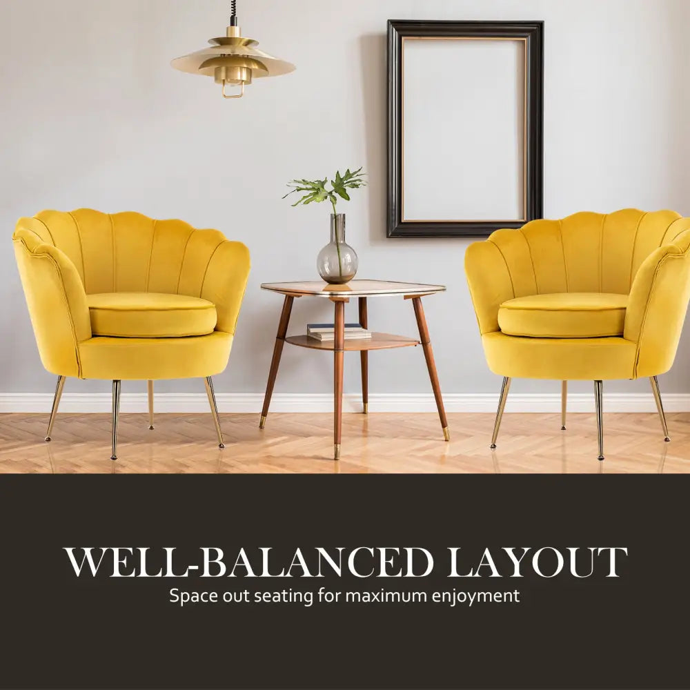 Armchair Lounge Chair Accent Velvet Shell Scallop + Round Ottoman Footstool YELLOW - Furniture > Bedroom > Bedside
