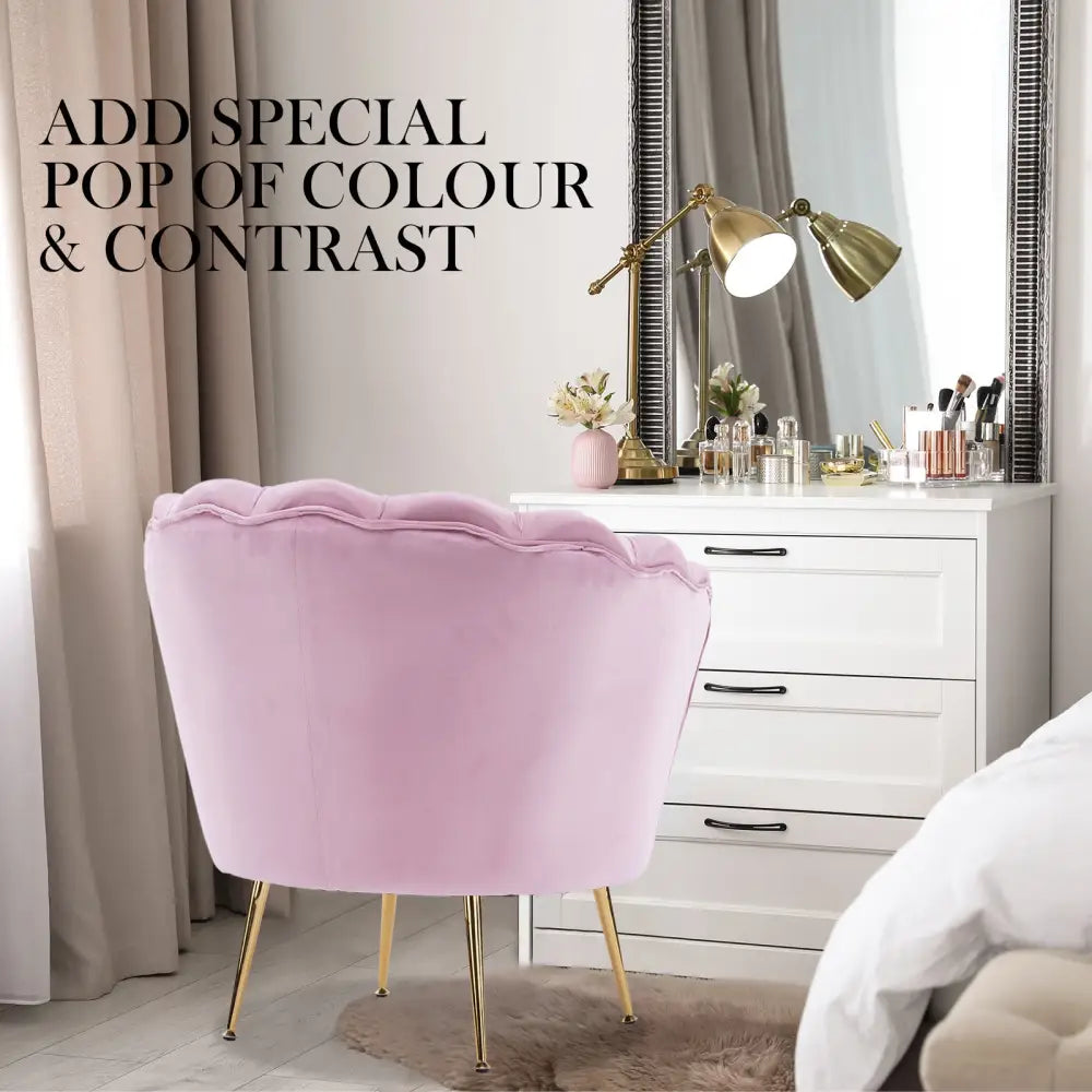 Armchair Lounge Chair Accent Velvet Shell Scallop + Round Ottoman Footstool PINK - Furniture > Bar Stools & Chairs