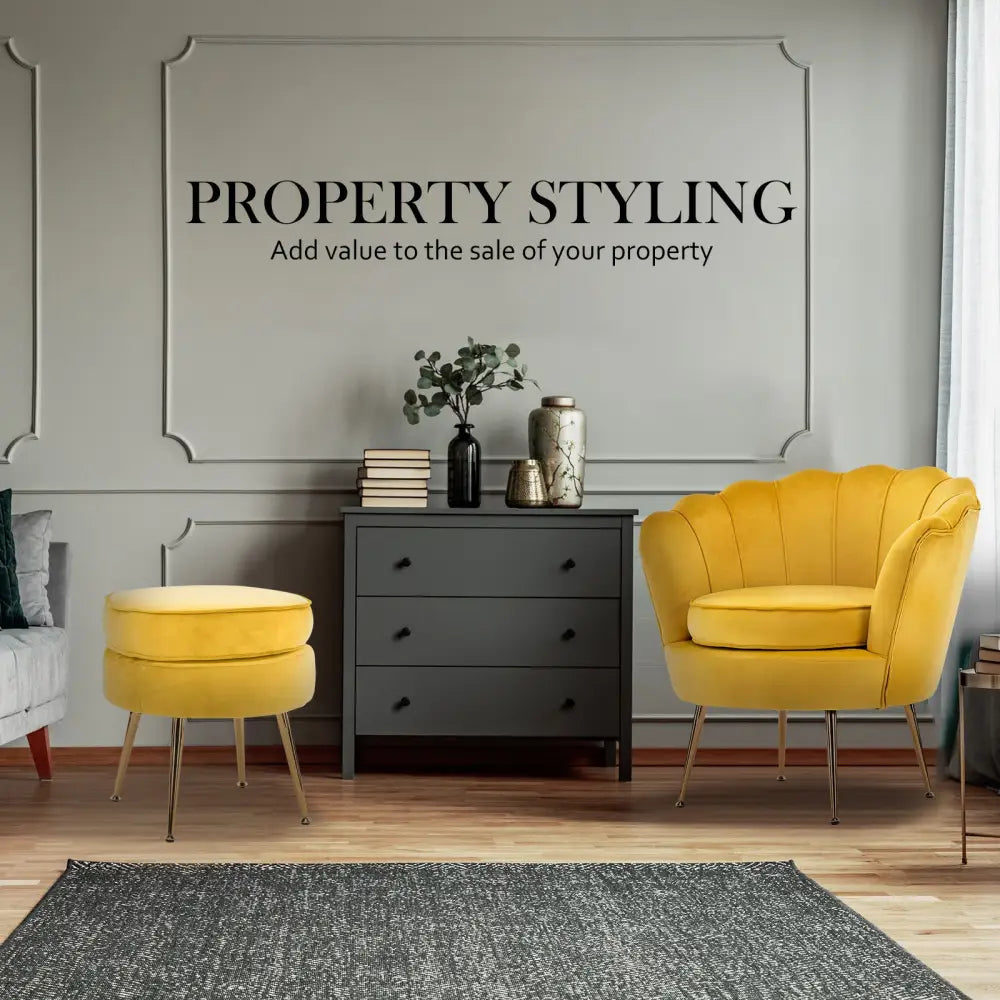 Armchair Lounge Chair Accent Velvet Shell Scallop + Round Ottoman Footstool YELLOW - Furniture > Bedroom > Bedside