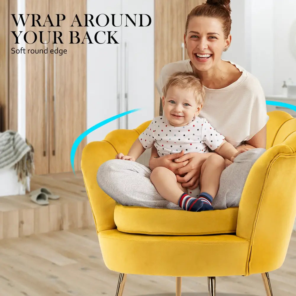 Armchair Lounge Chair Accent Velvet Shell Scallop + Round Ottoman Footstool YELLOW - Furniture > Bedroom > Bedside