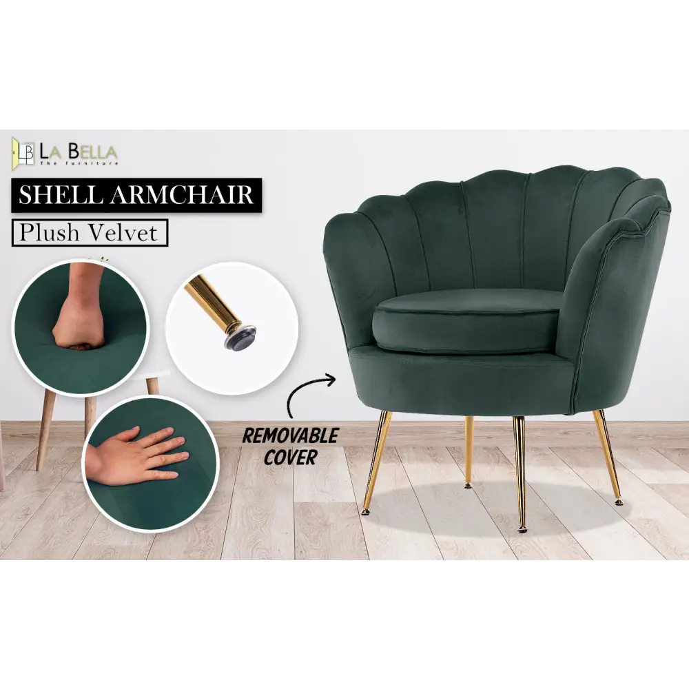 Armchair Padded Lounge Chair Accent Velvet Shell Scallop GREEN - Furniture > Bar Stools & Chairs