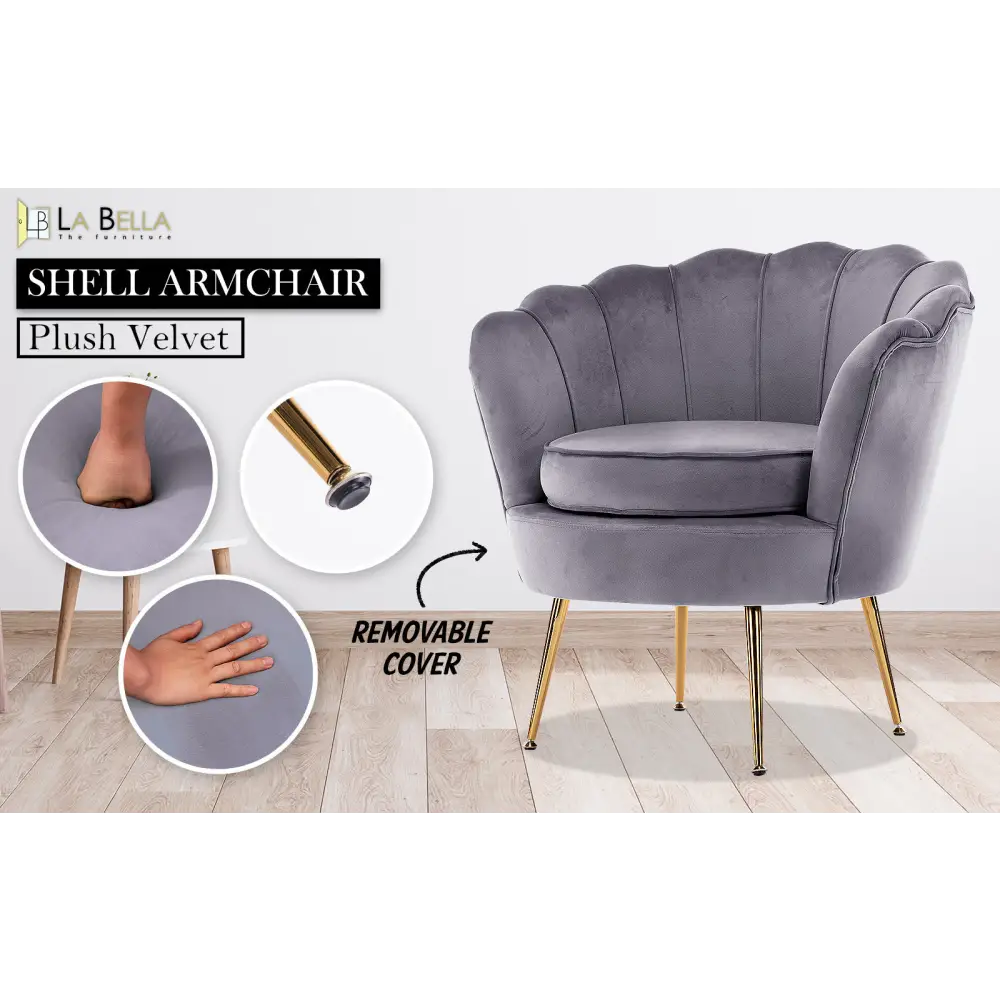 Armchair Padded Lounge Chair Accent Velvet Shell Scallop GREY - Furniture > Bedroom > Bedside Tables