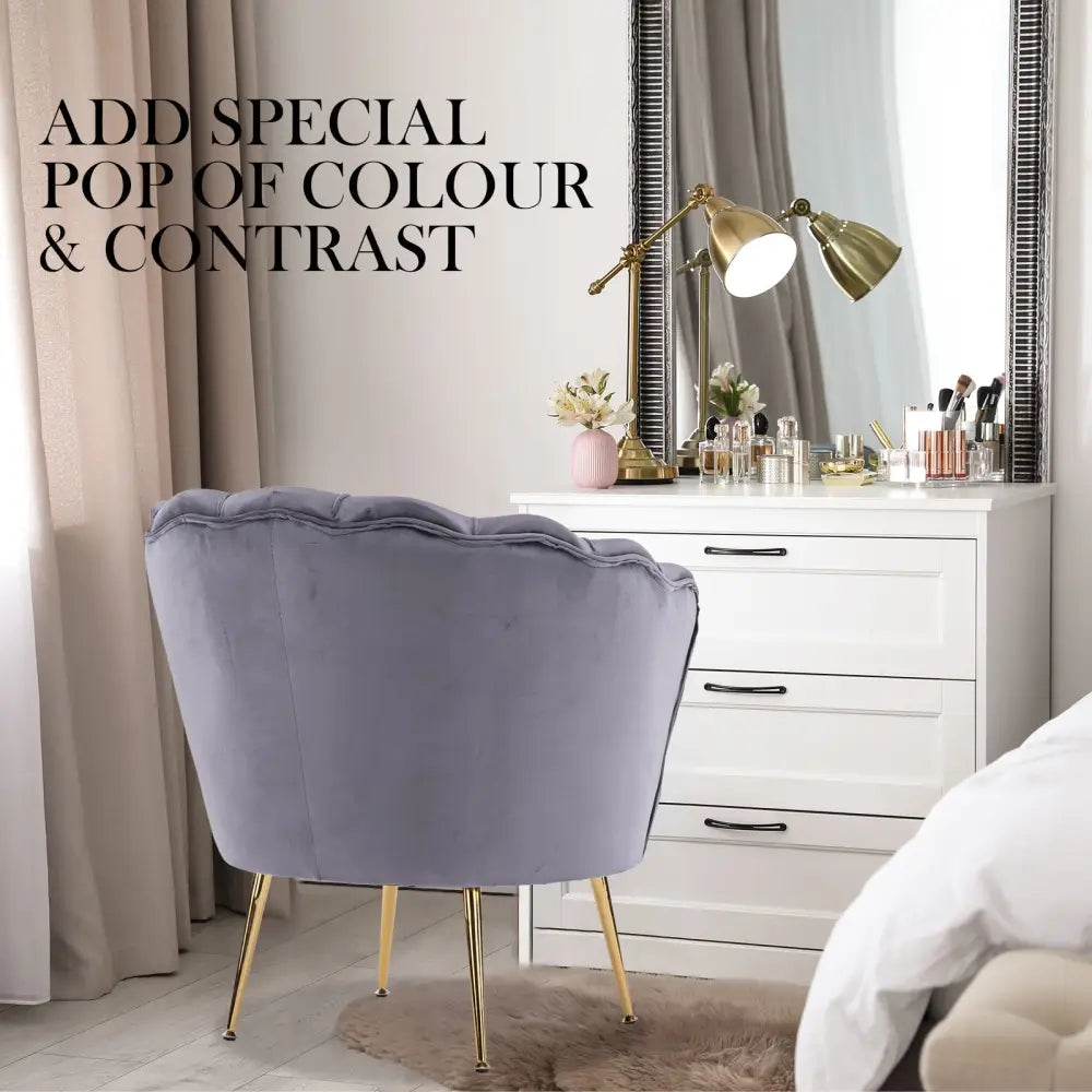 Armchair Padded Lounge Chair Accent Velvet Shell Scallop GREY - Furniture > Bedroom > Bedside Tables