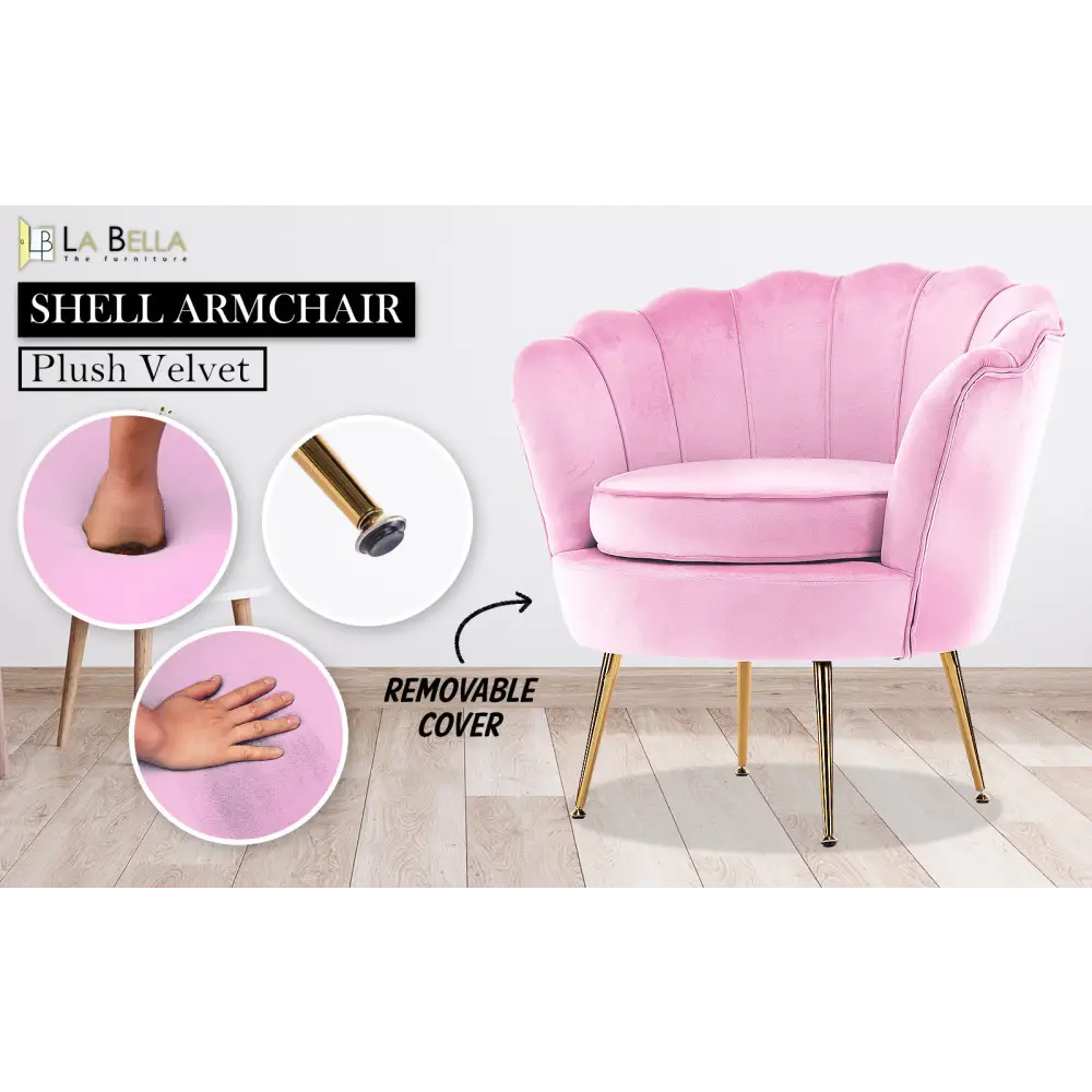 Armchair Padded Lounge Chair Accent Velvet Shell Scallop PINK - Furniture > Bar Stools & Chairs